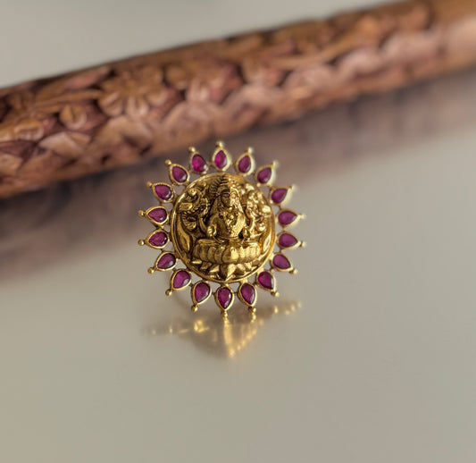 Antique gold tone ruby Lakshmi adjustable finger ring dj-51406