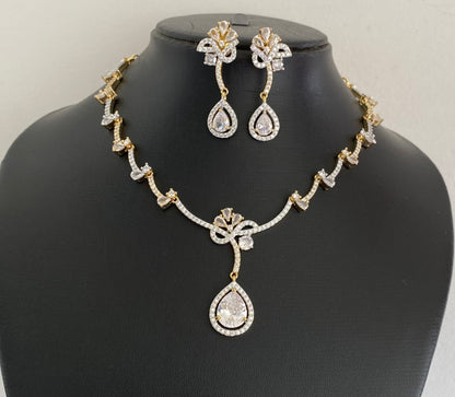 Two tone cz white stone necklace set dj-54347