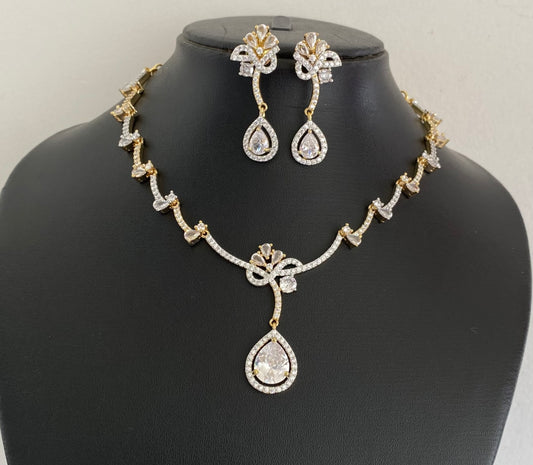 Two tone cz white stone necklace set dj-54347