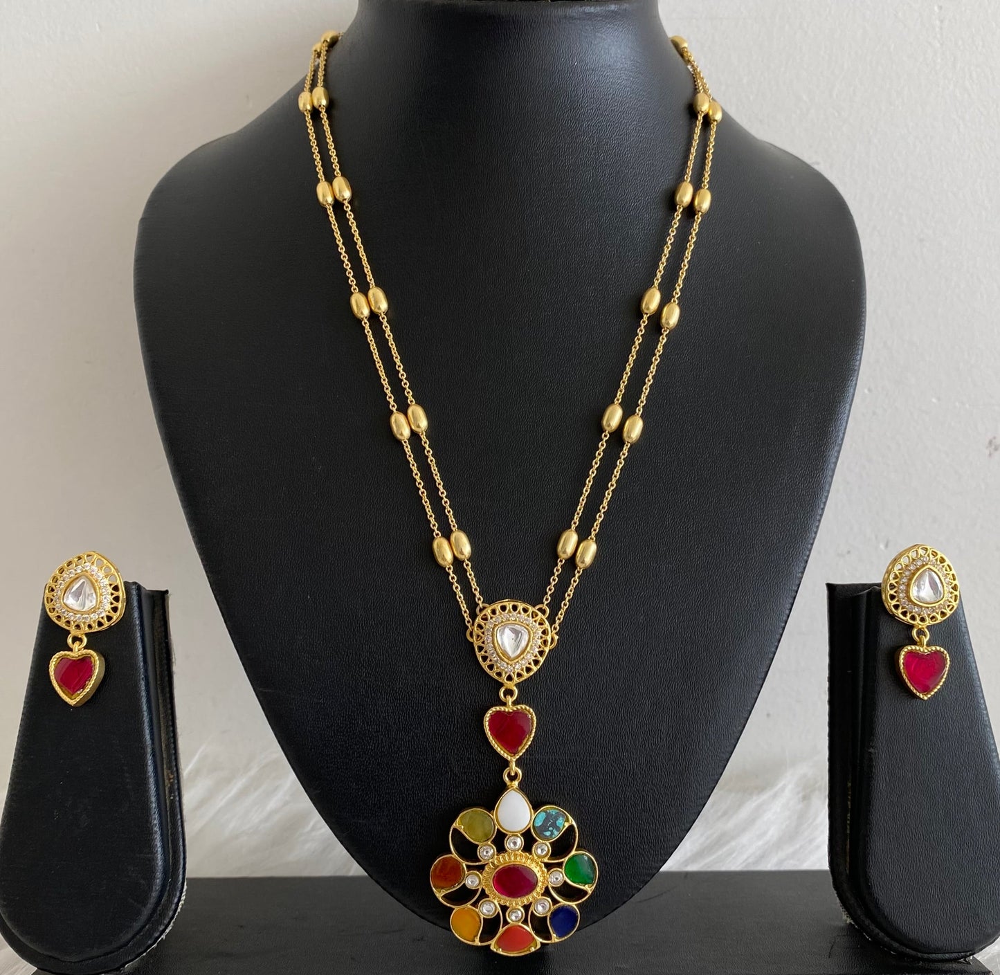 Gold tone navarathna double layer kundan jadau necklace set dj-54184