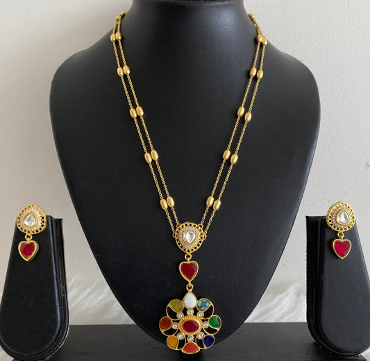 Gold tone navarathna double layer kundan jadau necklace set dj-54184