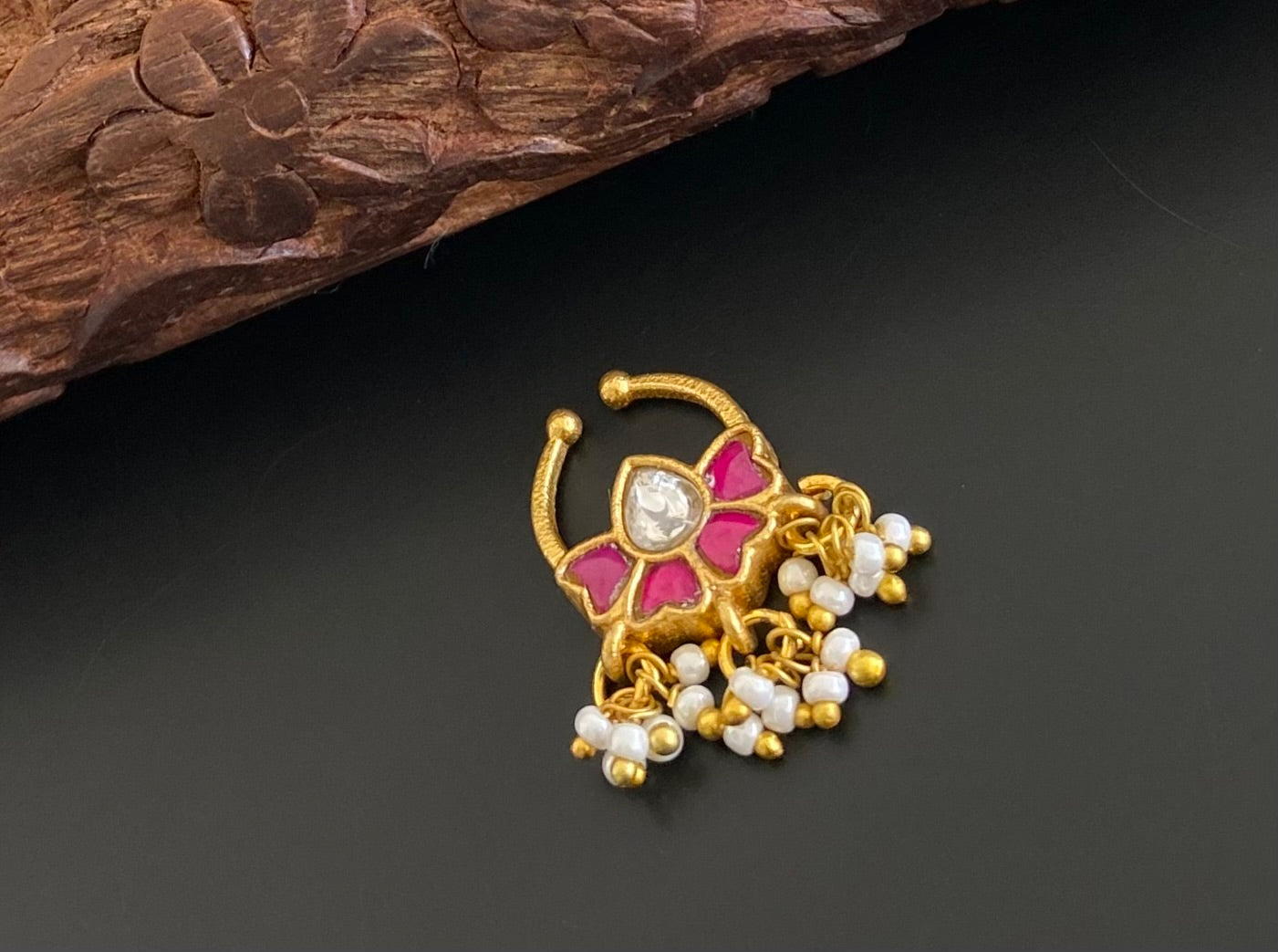 Gold tone kundan jadau pink-white stone pearl flower nose pin/bulakku dj-53794