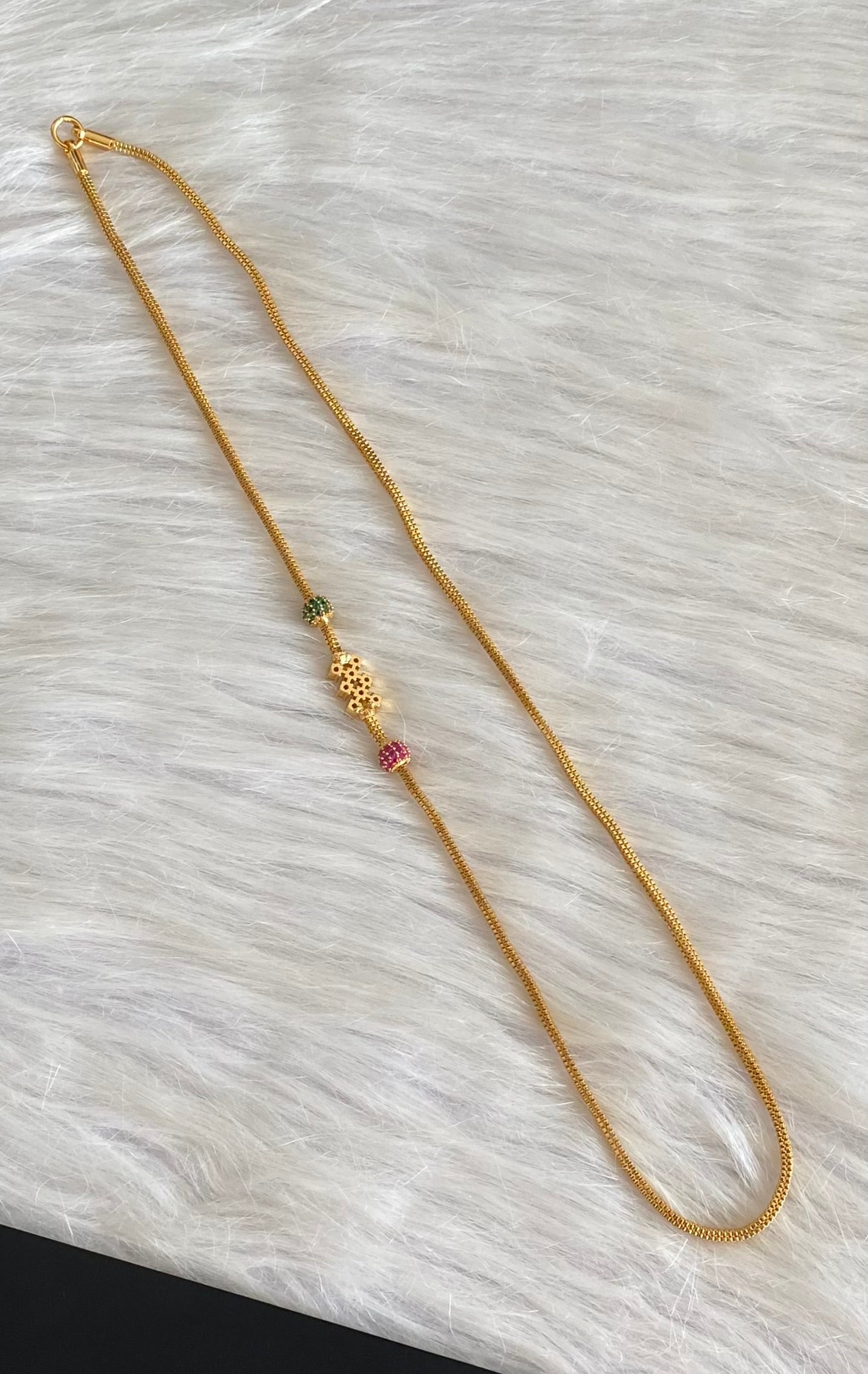 Gold tone ruby-green-white stone mugappu chain dj-54119