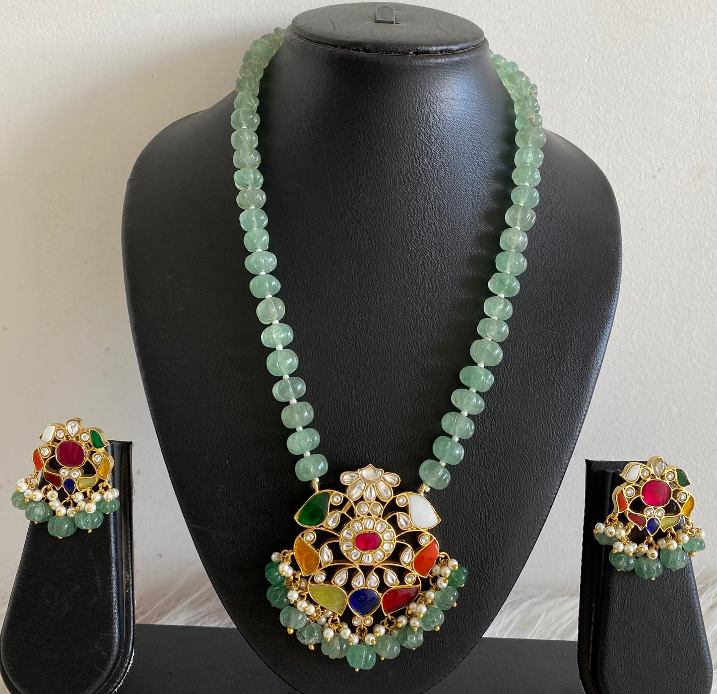 Antique gold  pumpkin green beaded kundan jadau navarathna mid/length necklace set dj-54169