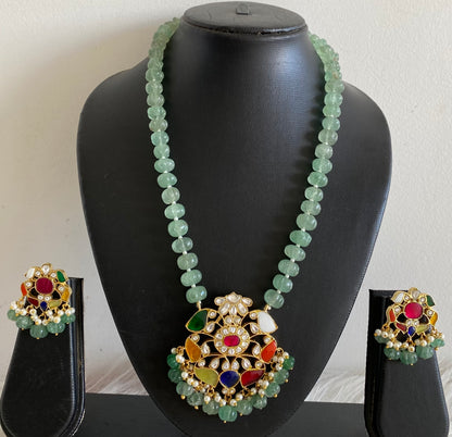 Antique gold  pumpkin green beaded kundan jadau navarathna mid/length necklace set dj-54169