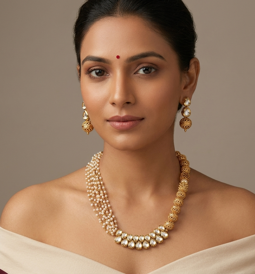 Antique pearl designer kundan necklace set dj-08012