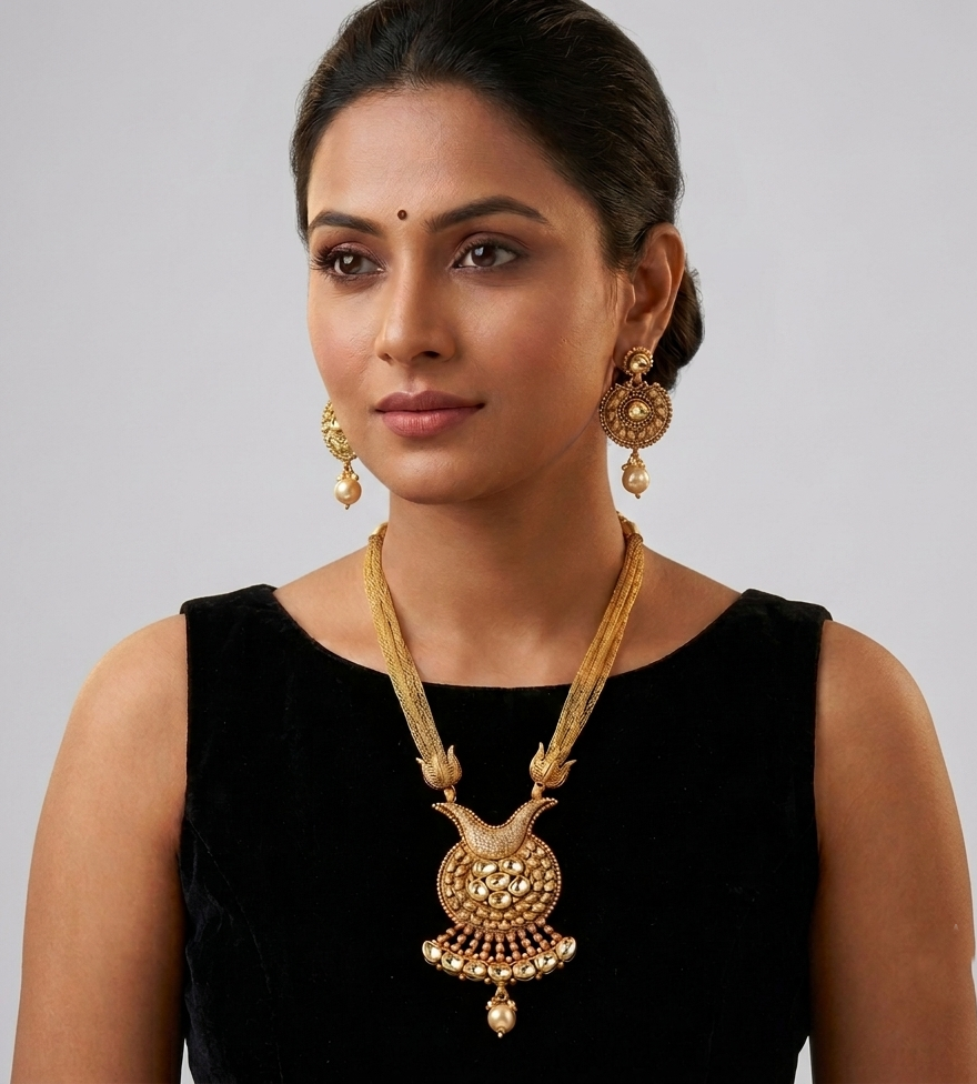 Matte Finish Cz-kundan Lotus Necklace Set dj-08045