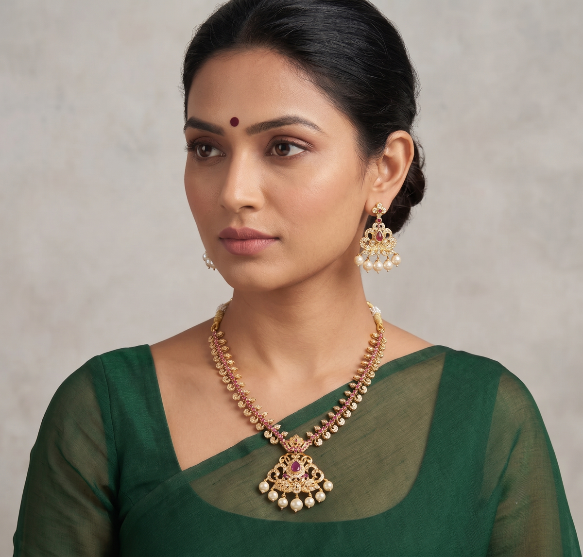 Gold Tone Ad ruby-green-white Necklace Set dj-08078