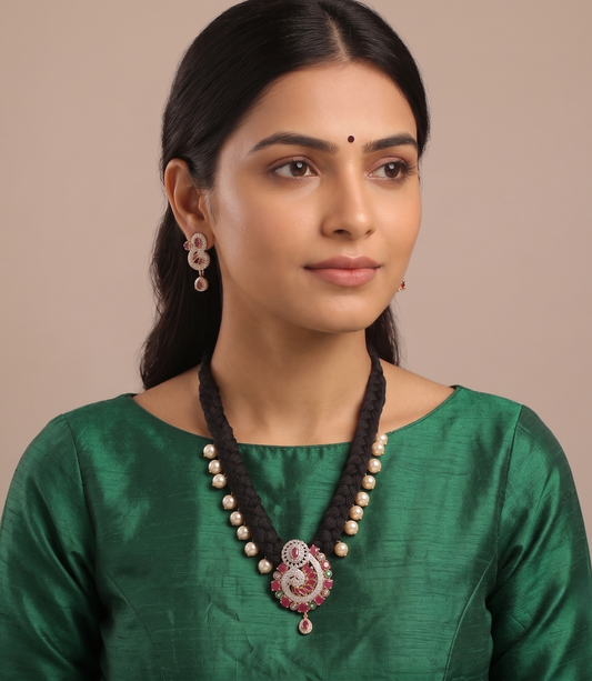 Awesome Gold Tone Cz Ruby-green Black Thread Necklace Set- DJ08081