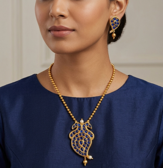 Antique gold tone Blue Peacock Necklace Set- DJ08084
