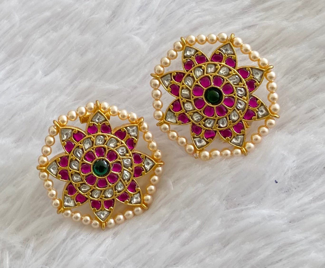 Gold tone pink-white-green pearl kundan jadau flower stud/earrings dj-53545