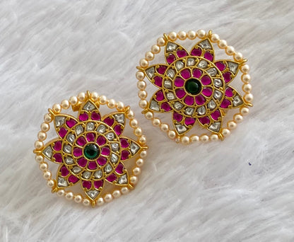 Gold tone pink-white-green pearl kundan jadau flower stud/earrings dj-53545