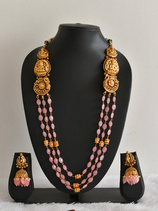 Antique gold tone baby pink beaded lakshmi peacock multi layer haar set dj-52426