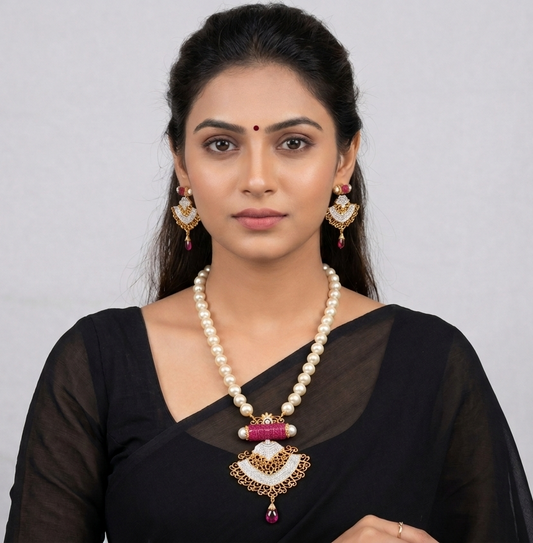 Gold Tone Pearl Ruby Cz Necklace Set dj-08110