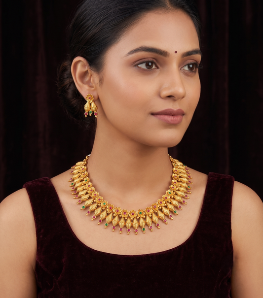 Royal Gold Tone Ruby-green Designer Necklace Set -dj08111