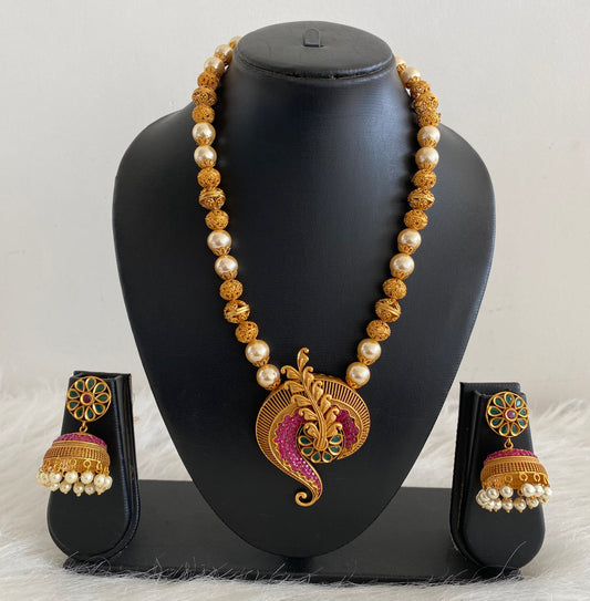 Matte Finish Ruby-emerald pearl beaded Necklace Set -dj08135