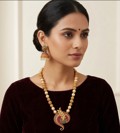 Matte Finish Ruby-emerald pearl beaded Necklace Set -dj08135