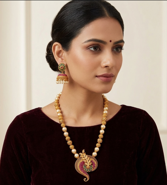 Matte Finish Ruby-emerald pearl beaded Necklace Set -dj08135