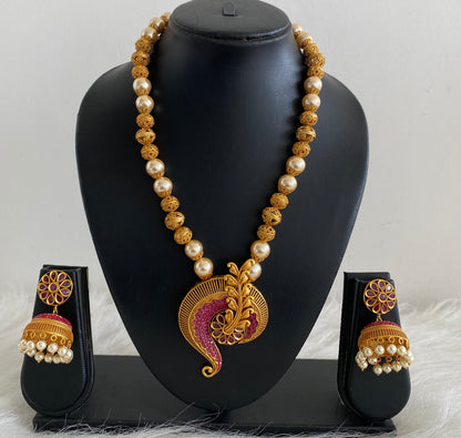 Matte Finish Ruby Pearl Beaded Necklace Set -dj08136