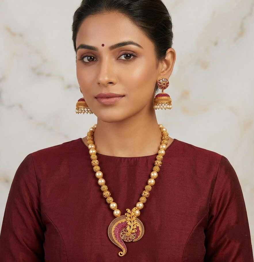 Matte Finish Ruby Pearl Beaded Necklace Set -dj08136