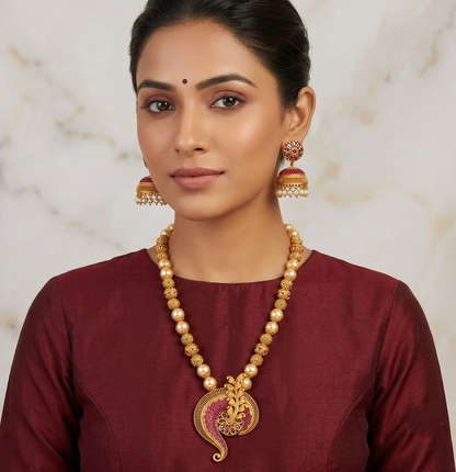 Matte Finish Ruby Pearl Beaded Necklace Set -dj08136