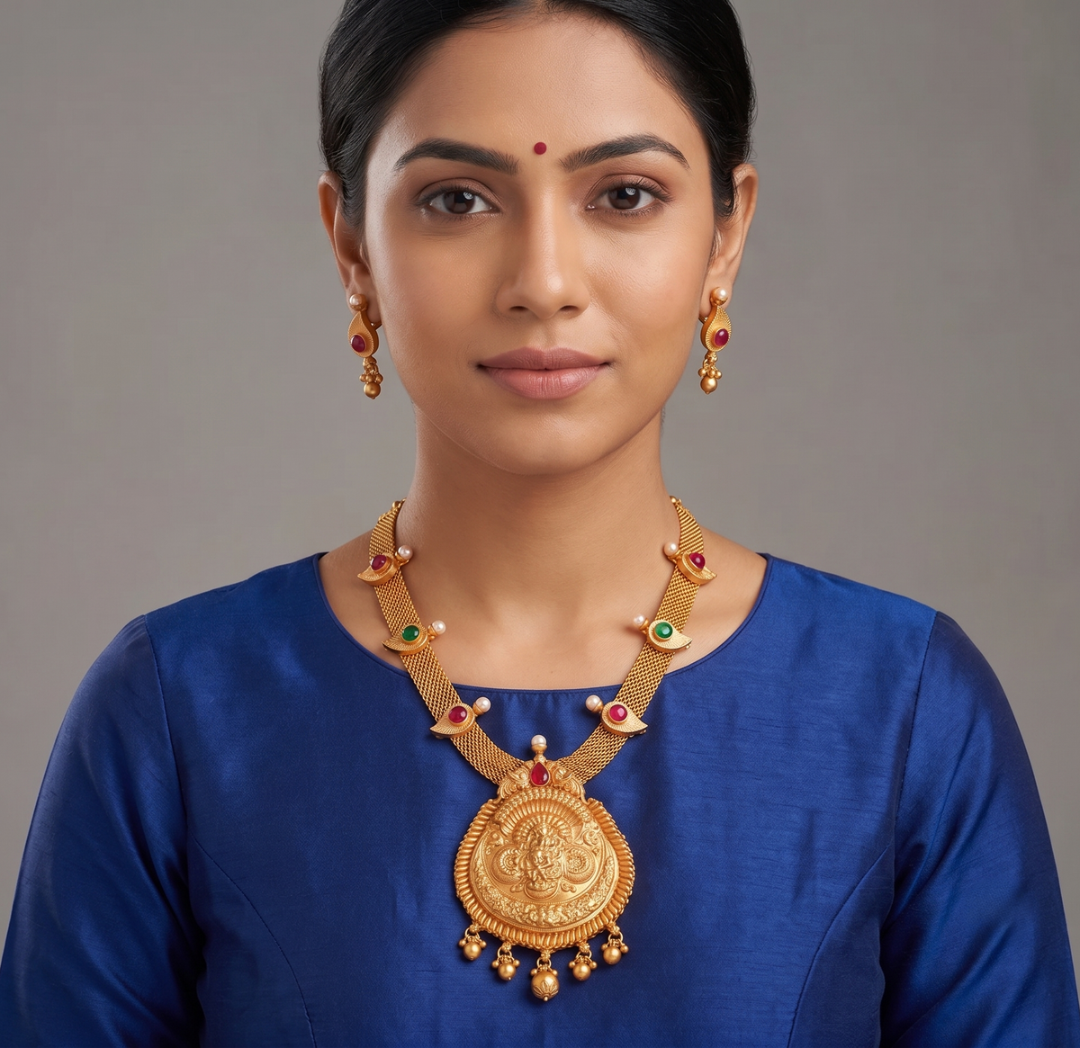 Matte Finish Kemp-green Krishna Designer Necklace Set dj-08155