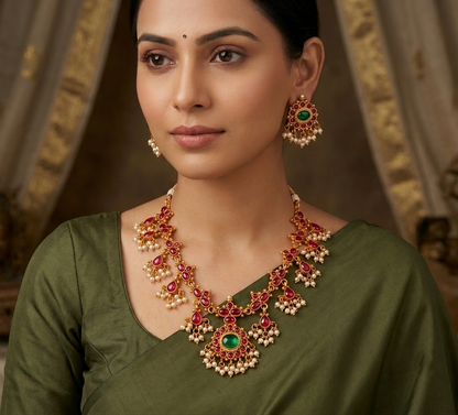 Matte Finish Kemp-green Oval stone Necklace Set-dj08162