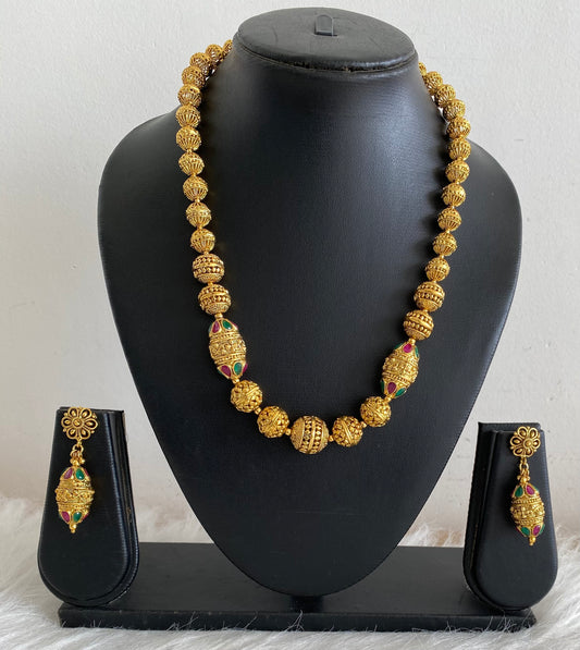 Antique gold tone Balls Ruby-emerald beaded necklace Set-dj08194