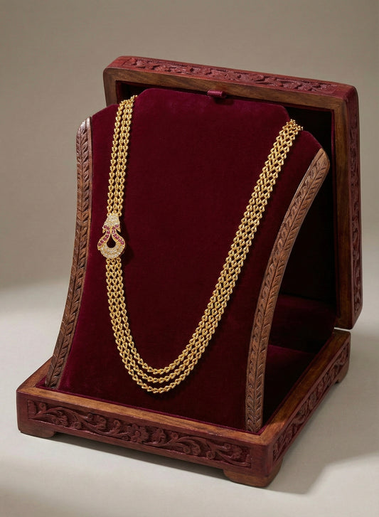 Gold tone 24 inches ruby-white triple layer peacock mugappu chain dj-51268