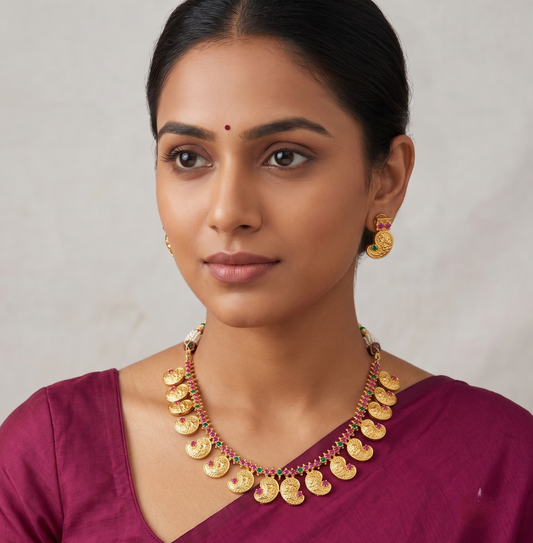 Gorgeous Gold Tone Ruby-emerald Mango Lakshmi Necklace Set-dj08202