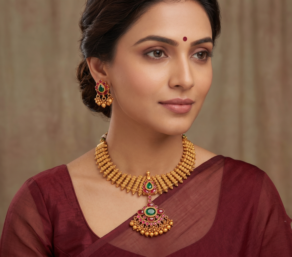 Gorgeous Matte Finish Ruby-emerald Designer Necklace Set-dj08208
