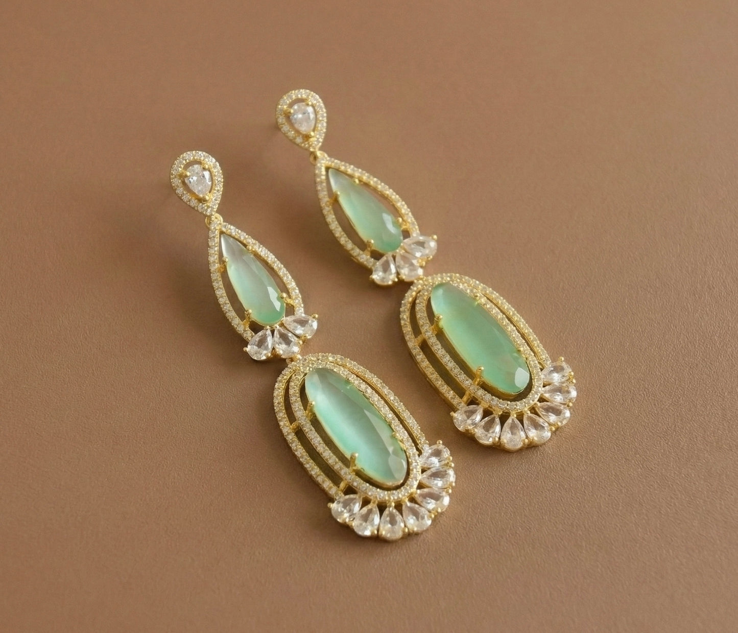 Gold Tone AD Sea Green long Earrings DJ31416