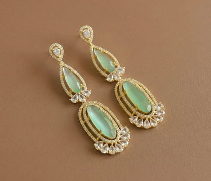 Gold Tone AD Sea Green long Earrings DJ31416