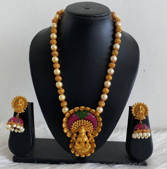 Matte finish ruby-green pearl lakshmi necklace set dj-08213