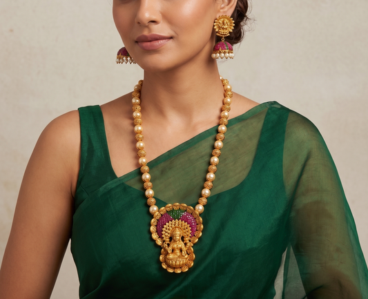 Matte finish ruby-green pearl lakshmi necklace set dj-08213