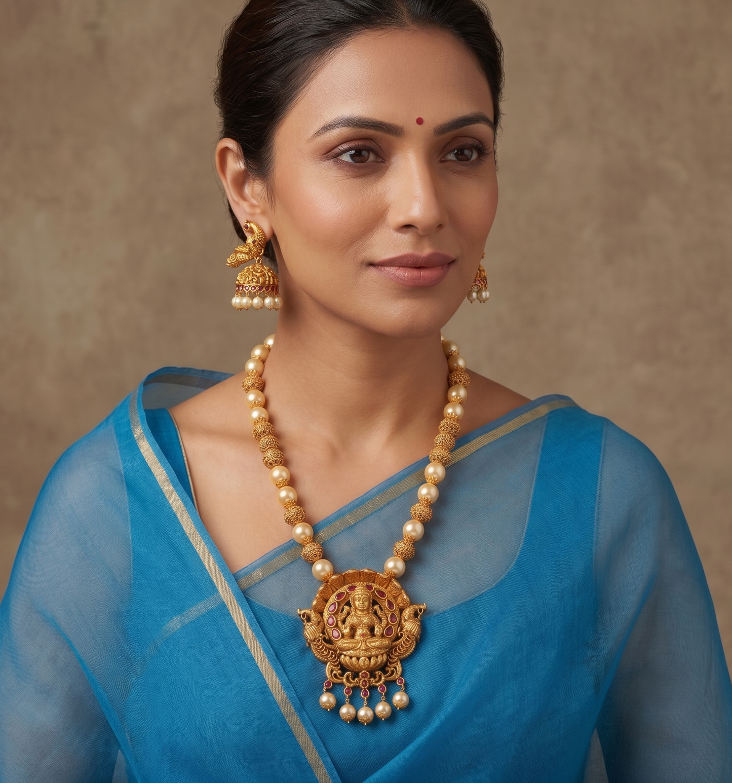 Matte finish pearl ruby lakshmi designer necklace set dj-08217