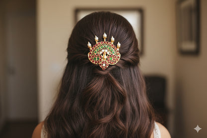 Gold tone kemp-green peacock hair jewel/pin dj-52350