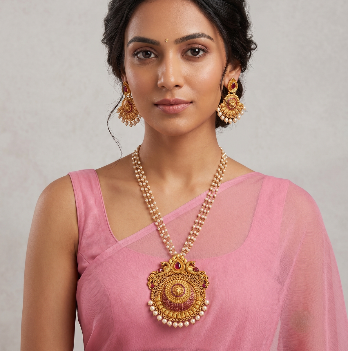 Matte Finish Ruby Big pendant Peacock Pearl Necklace Set-dj08220