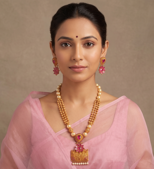 Antique Matte Finish flower Ruby Pearl Necklace Set-dj08231