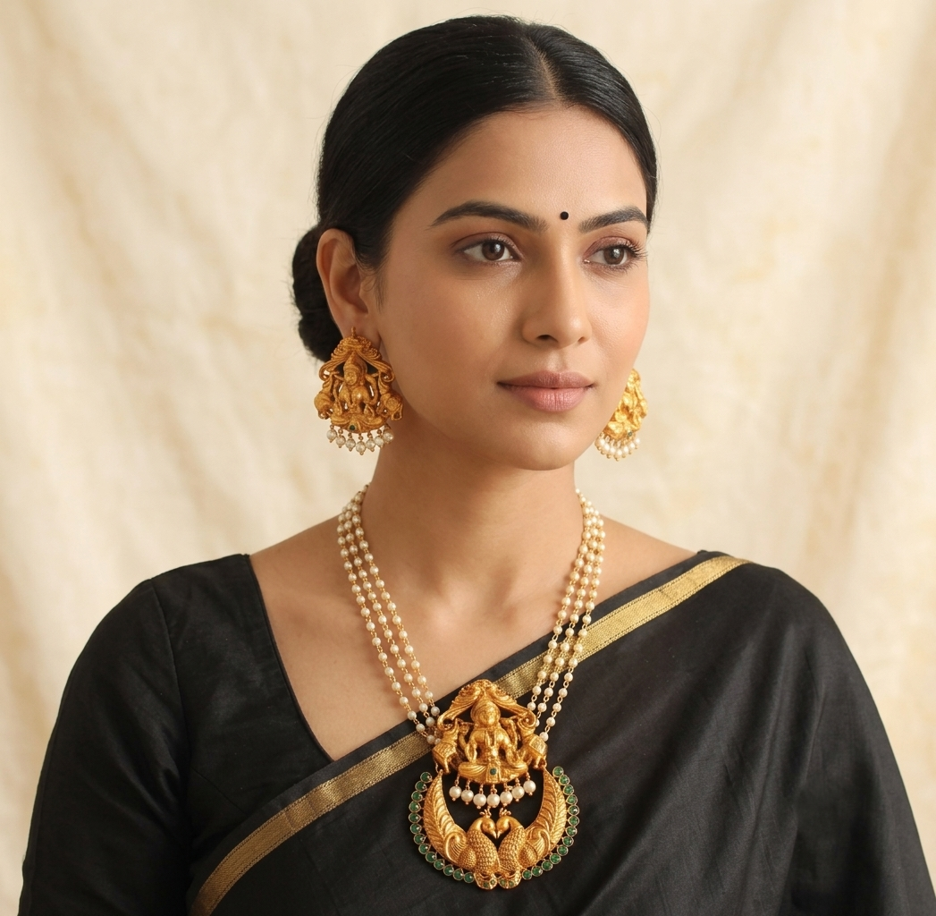 Antique Matte Finish Emerald Lakshmi bali Necklace Set-dj08238
