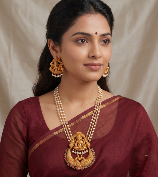 Matte Finish Ruby-emerald Lakshmi bali Necklace Set-dj08240