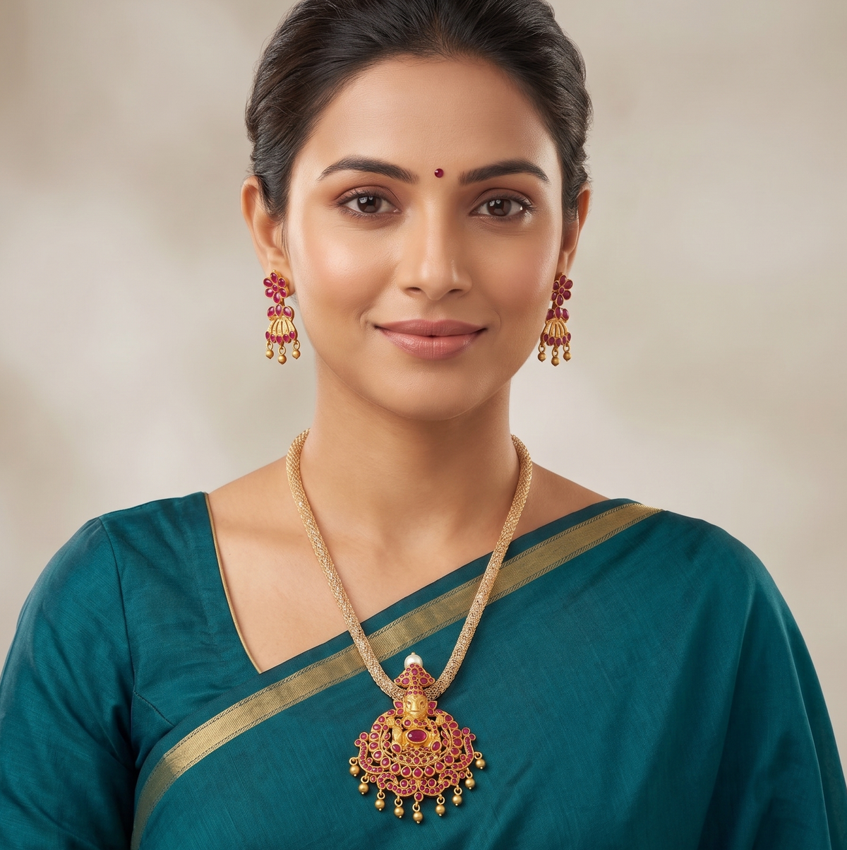 Matte finish ruby Ganesha necklace set dj-08244
