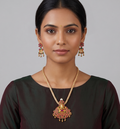 Matte finish ruby-emerald Ganesha necklace set dj-08245