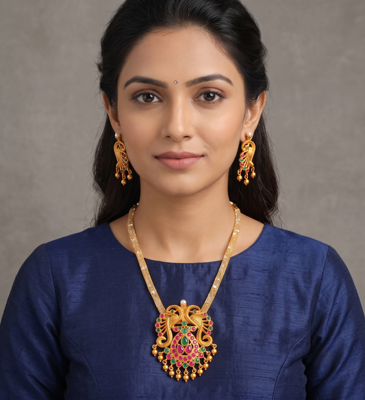 Matte Finish Ruby-emerald Peacock Chain/Necklace Set-dj08247