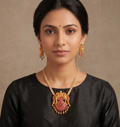 Matte Finish Ruby Peacock Necklace Set-dj08248
