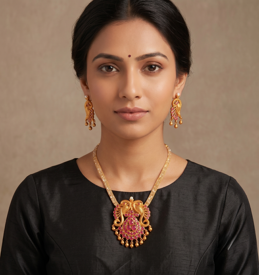 Matte Finish Ruby Peacock Necklace Set-dj08248