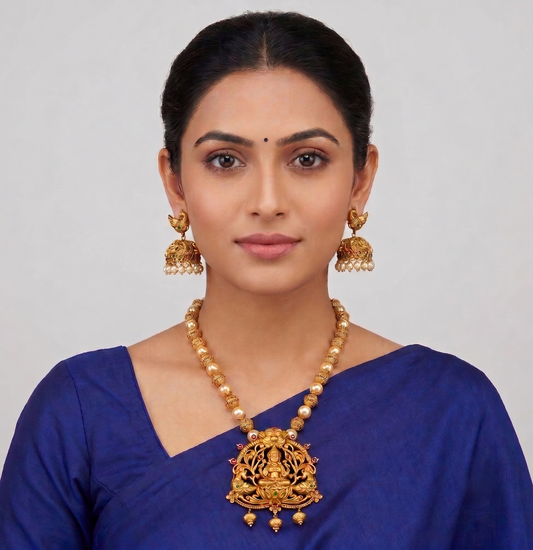 Matte finish pearl ruby-emerald big lakshmi necklace set dj-08249