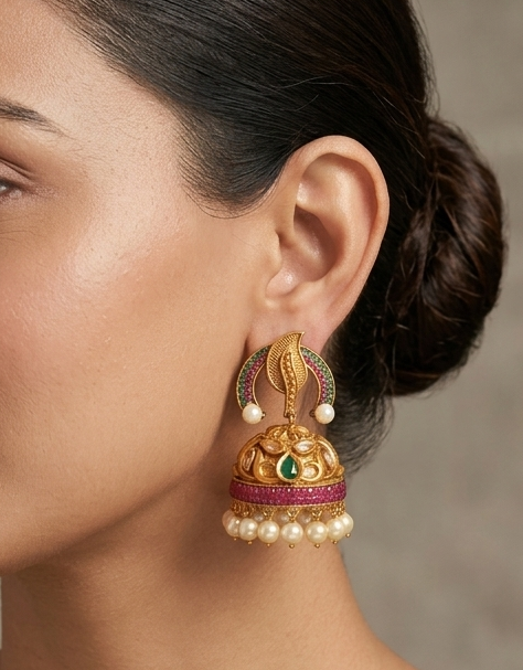Matte finish ruby-emerald pearl mango jhumkka -dj08253