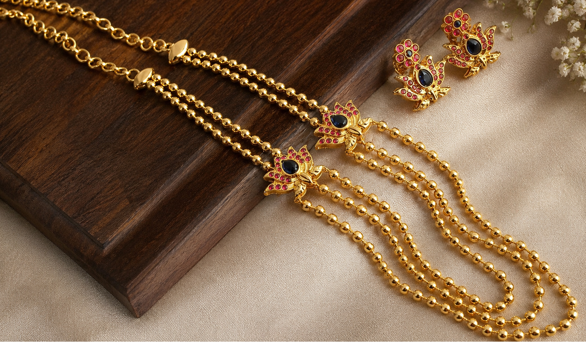 Gold Tone Multilayer Ruby-blue Lotus Necklace Set-dj08270