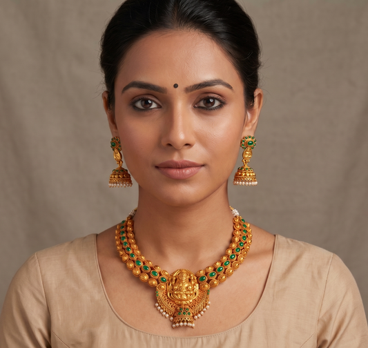 Antique gold tone Emerald Lakshmi Necklace Set -dj08272
